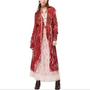 Zara Red Velvet Long Tie-Belt Duster Coat